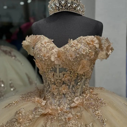 Champagne Off the Shoulder Ball Gown Applique Quinceanera Dress with Train