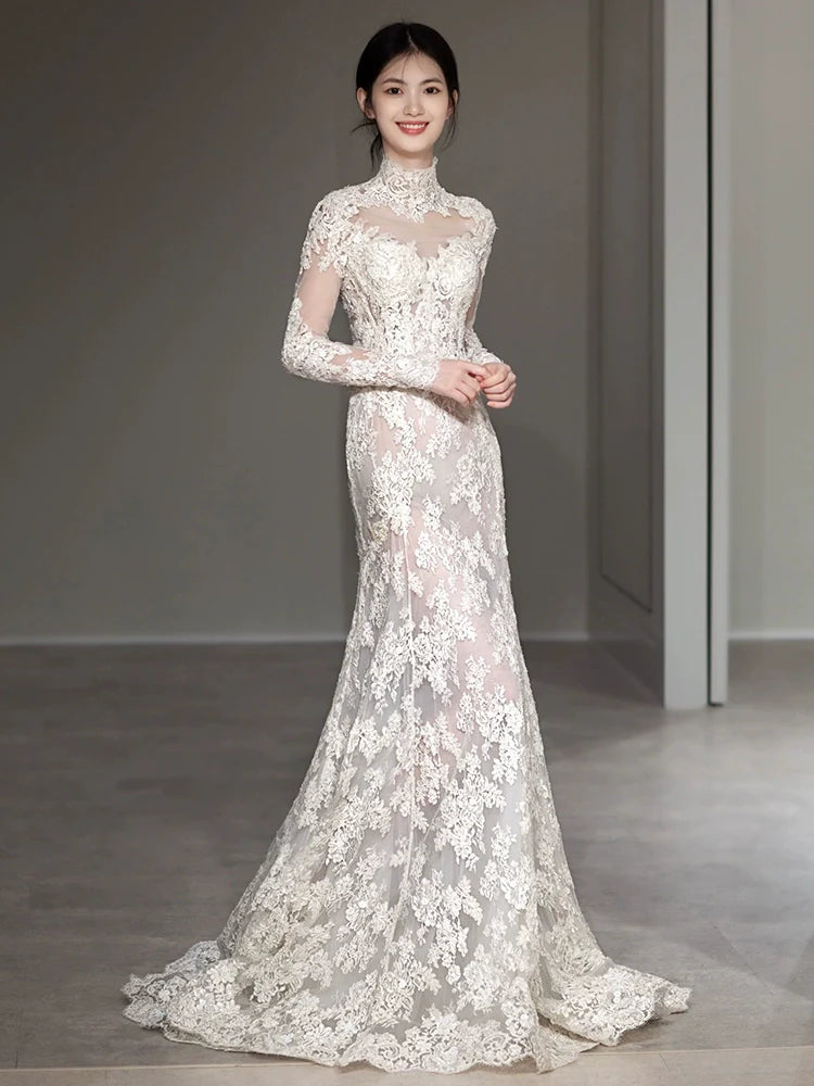Long Sleeves Lace High Neck Wedding Dresses Long Bridal Gown      S7208