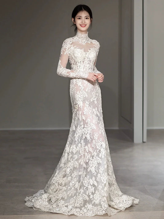 Long Sleeves Lace High Neck Wedding Dresses Long Bridal Gown      S7208