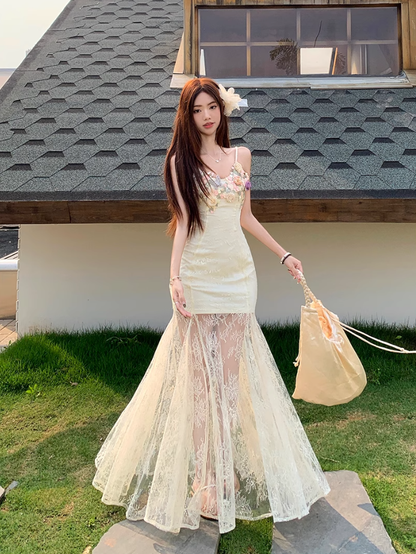 Fairy V-neck suspender dress heavy three-dimensional flower lace embroidery fishtail long skirt R1749