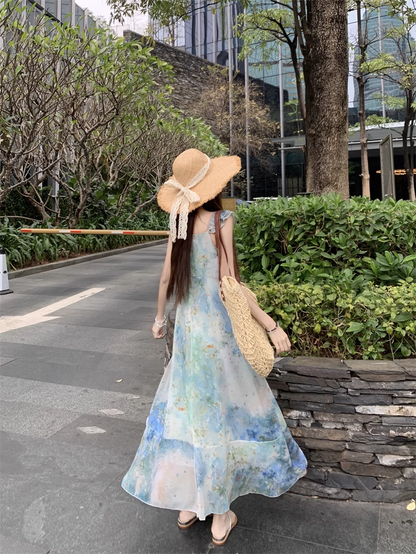 New Fashion Irregular Ruffled Dress Hem Design Beach Holiday A-line Sleeveless Floral Dress TP3320