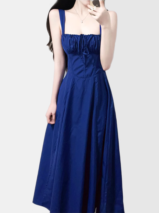 2025 Summer New Blue Slit Sexy Waist Temperament Suspender Dress R0901