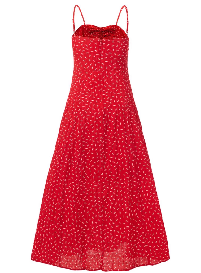 2025 summer new red floral temperament slim medium-length suspender dress R0924