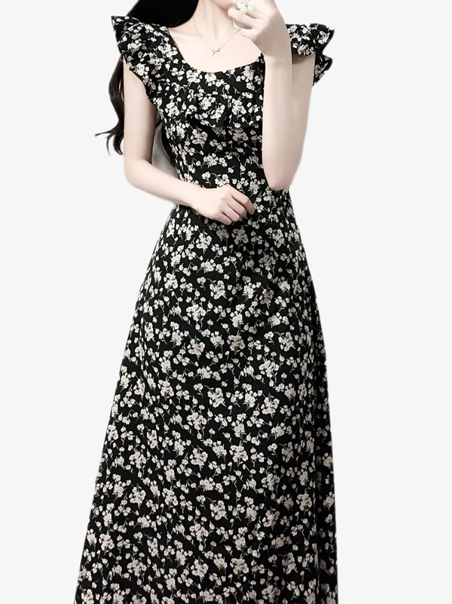 2025 Summer New French Black Floral Ruffled Medium Length Square Neck Dress R0914