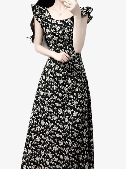 2025 Summer New French Black Floral Ruffled Medium Length Square Neck Dress R0914