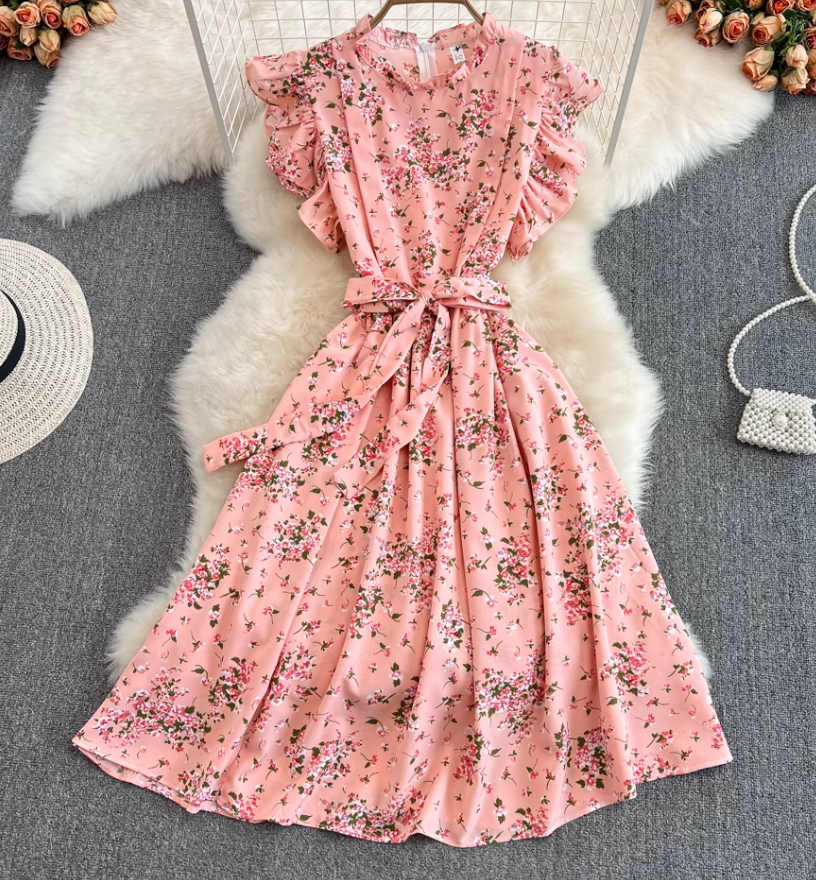 2025 Summer Gentle Style Sweet Ruffled Stand Collar Waist Slim Floral Chiffon Lotus Sleeve Dress R0408
