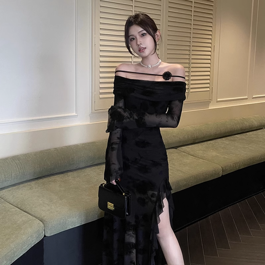 Elegant Black Party Slim-fit Split Dress One-shoulder Long-sleeved Dress TP2900