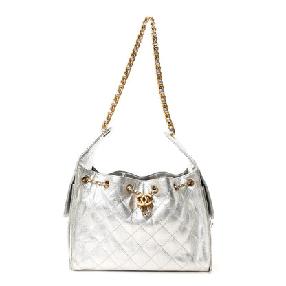 Metallic Caviar Quilted Small Chanel 25 Handbag Silver