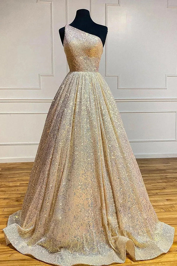 omberprom A-Line One Shoulder Evening Dress Sequins Prom Dress with Pockets