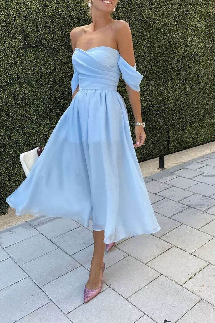 Sky blue chiffon A-line off the shoulder midi homecoming dresses