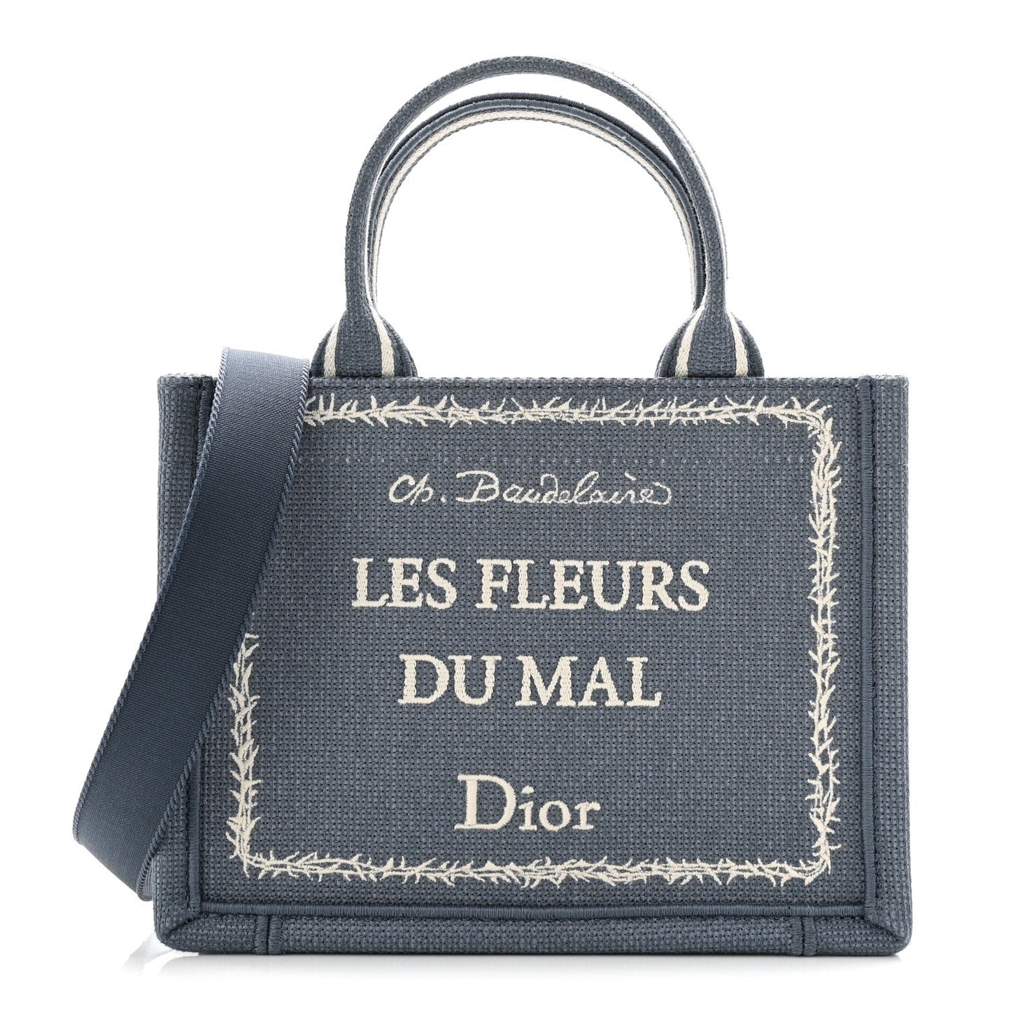 Canvas Embroidered Les Fleurs du Mal Mini Book Tote  Blue White