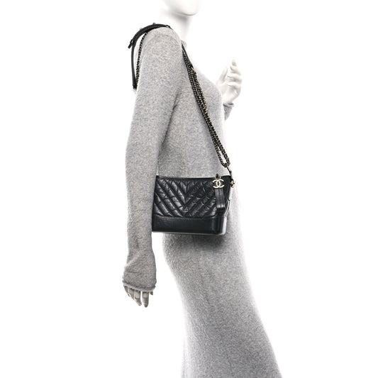 Aged Calfskin Chevron Quilted Small Gabrielle Hobo Black