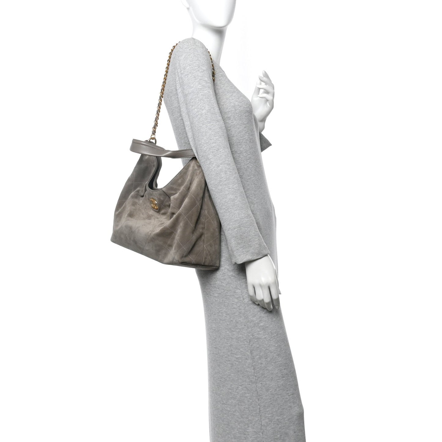 Suede Calfskin Lambskin Quilted Maxi Hobo Grey