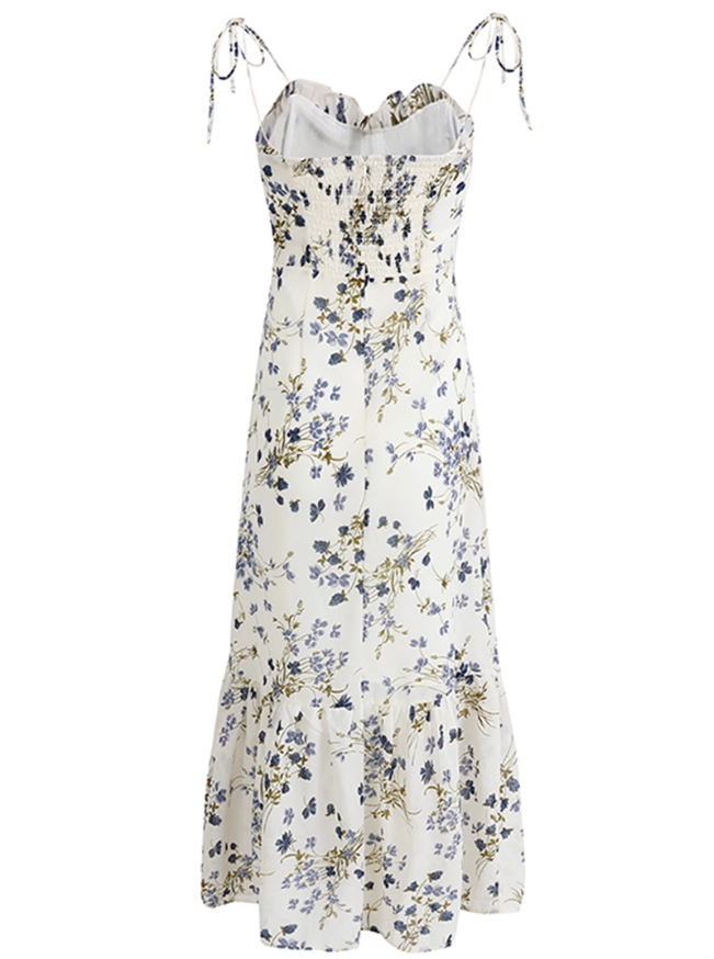 2025 Summer New French Blue Floral Holiday Style Mid-Length Suspender Dress R0923