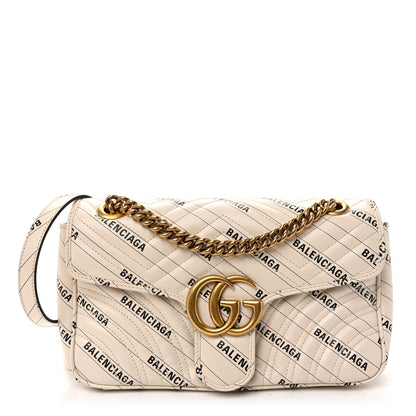 X BALENCIAGA Calfskin Matelasse Logo Print Small GG Marmont Shoulder Bag White
