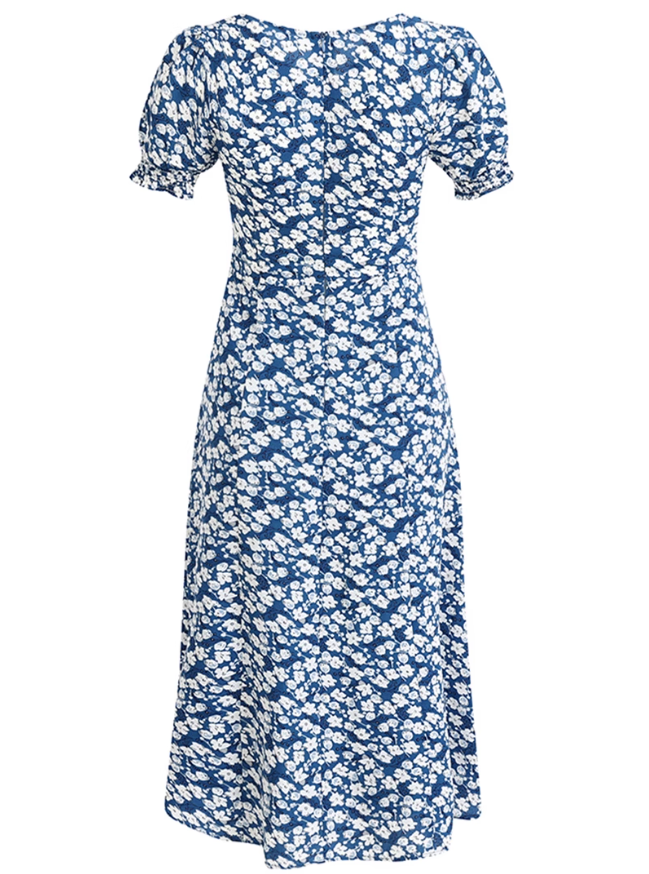 2025 Summer New French Square Neck Blue Temperament Floral Holiday Platycodon Dress R0940