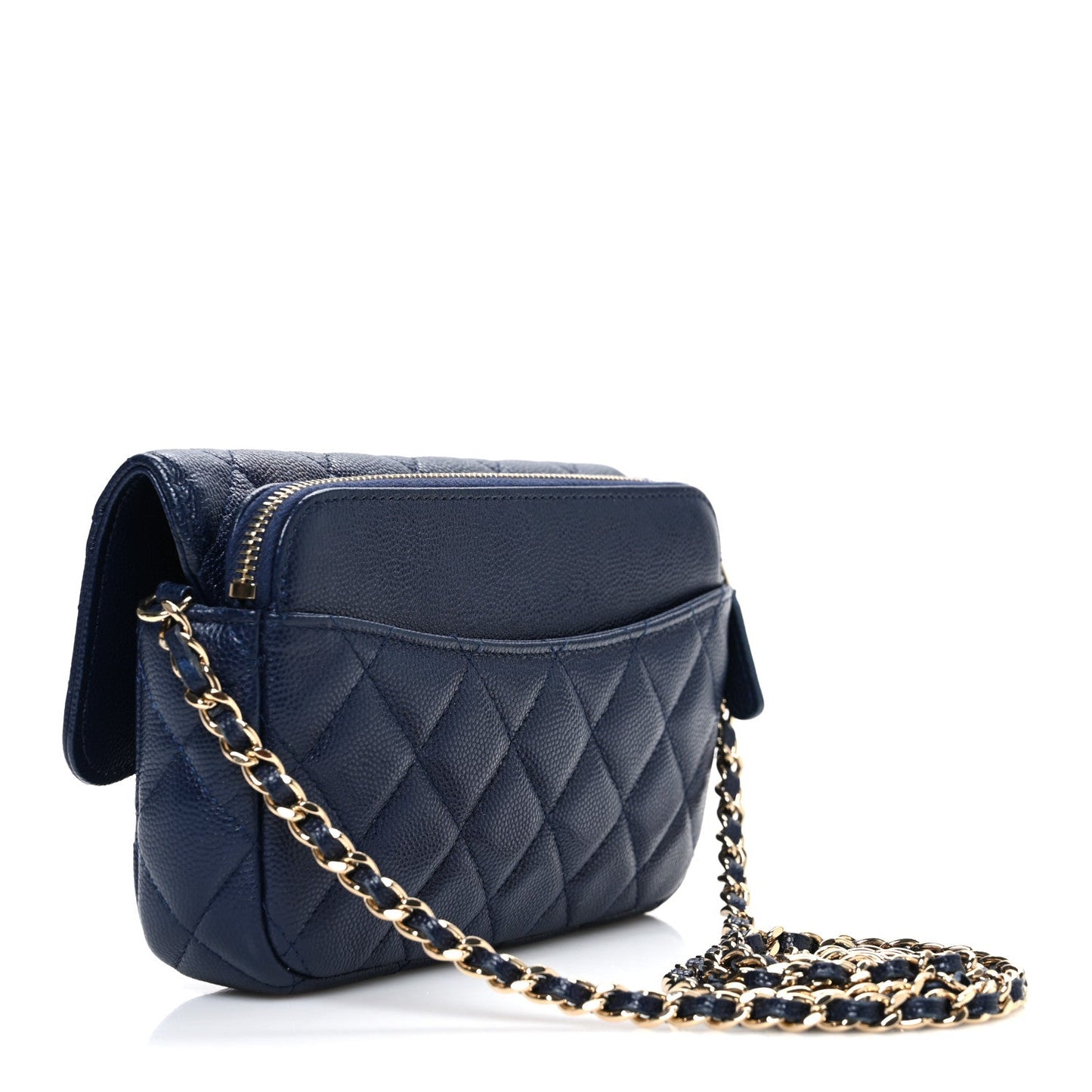 Caviar Quilted Flap Phone Holder With Chain Navy Blue