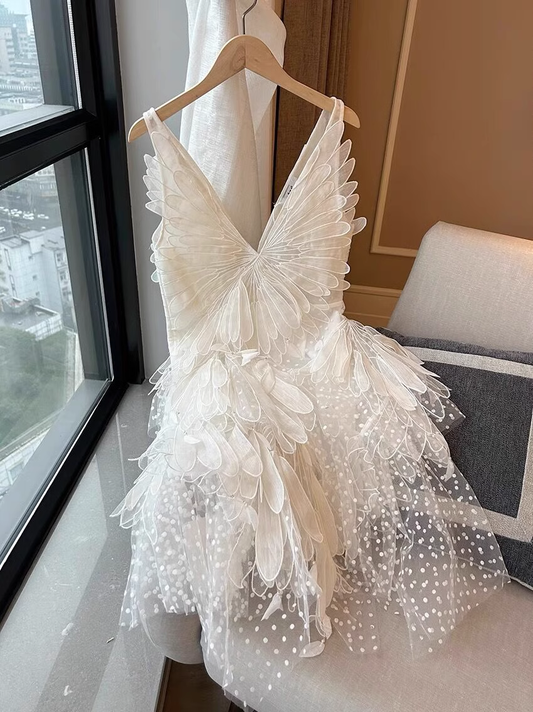 Vintage White Lace V-neck A-line Tulle Short Party Dress Homecoming Dresses TP3935