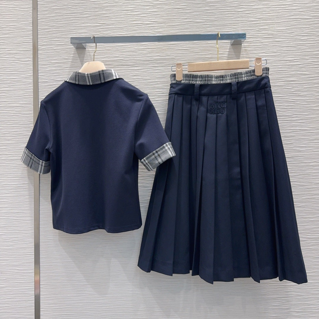 Miu SS26 Set Polo Shirt Pleated Skirt Navy Blue Polyester Cotton 351275