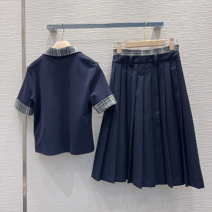 Miu SS26 Set Polo Shirt Pleated Skirt Navy Blue Polyester Cotton 351275