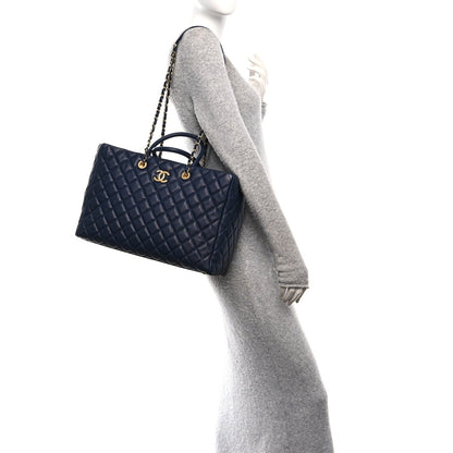 Caviar Quilted Large Coco Handle Shopping Tote Navy