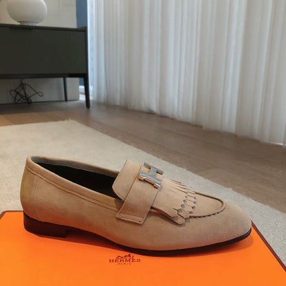 Royal Loafer Beige Suede Calfskin With Fringe Detail And Silver Signature Buckle 509436