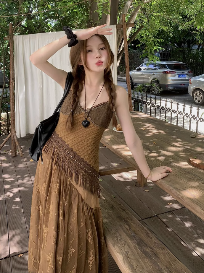 Fairy travel outfit retro ethnic style suspender long skirt v-neck dress R1741
