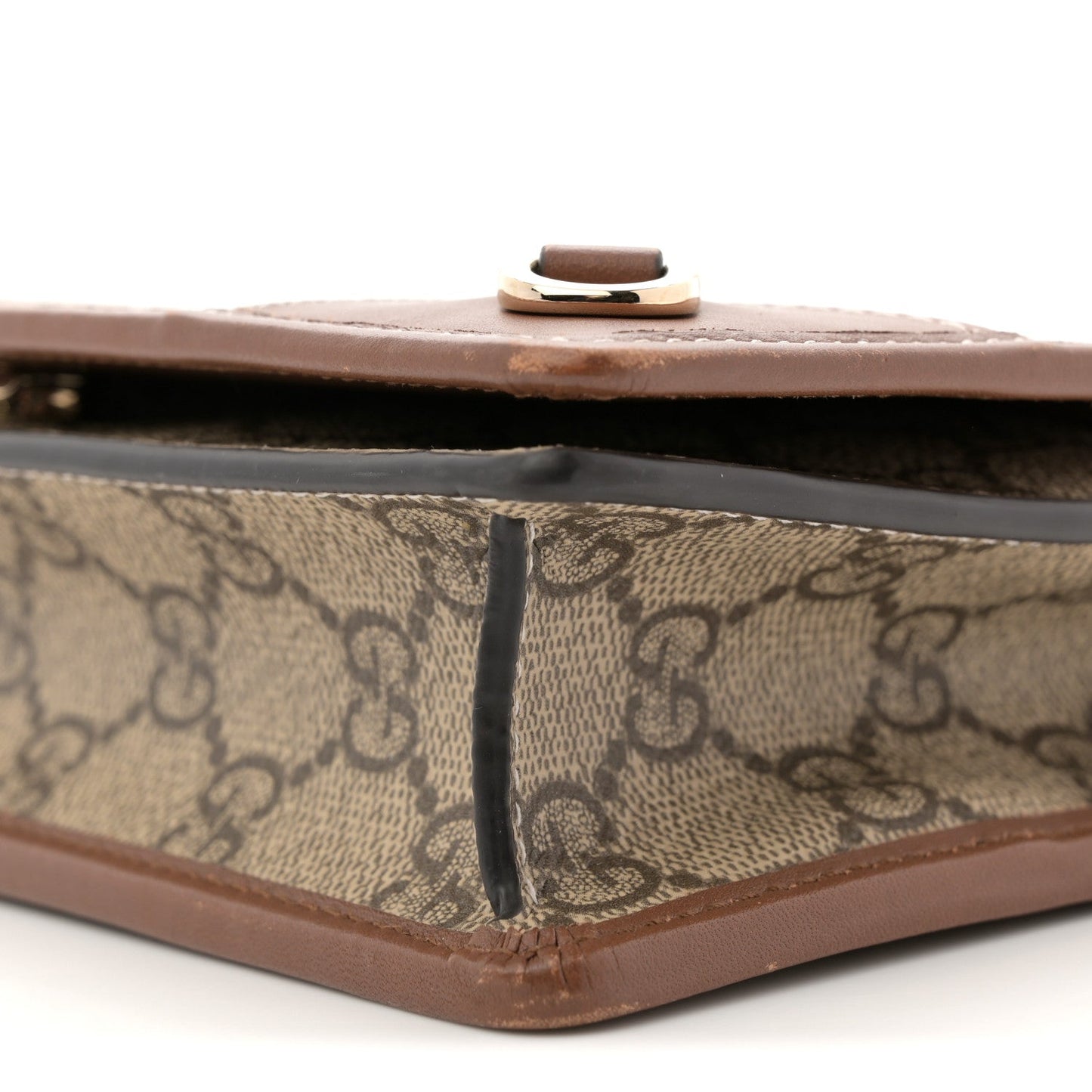 GG Supreme Monogram Textured Calfskin Emblem Super Mini Shoulder Bag Beige Dark Brown