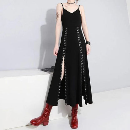 Vintage Hooded Strappy Top Design A-line Sleeveless Spaghetti Strap Split Dress TP3284