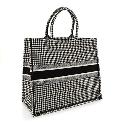 Canvas Houndstooth Embroidered Large Book Tote Black White