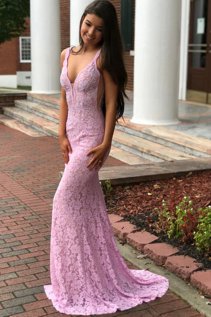 omberprom Elegant Mermaid Evening Dress V-Neck Pink Lace Prom Dress