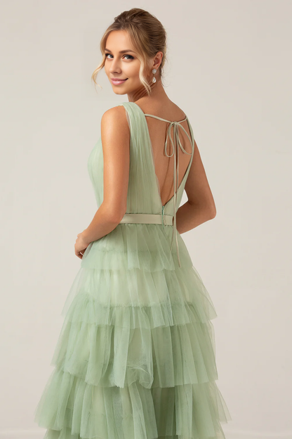 omberprom Tulle A-Line Prom Dresses V Neck Tiered Maxi Dress With Slit Elegant Evening Party Dress