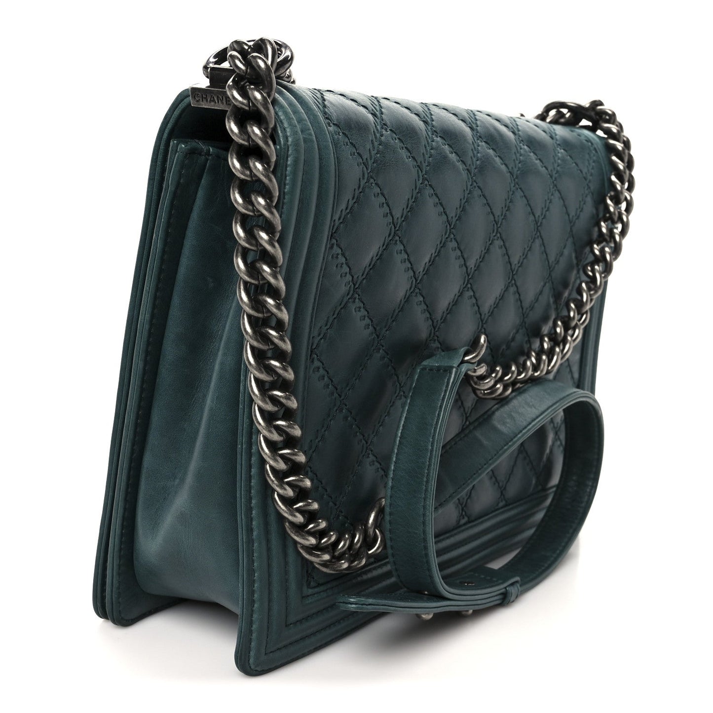 Calfskin Quilted Double Stitch Large Boy Flap Green