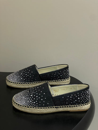 GG 26ss Slip-on Loafers Rhinestones Black Double G Canvas 593499
