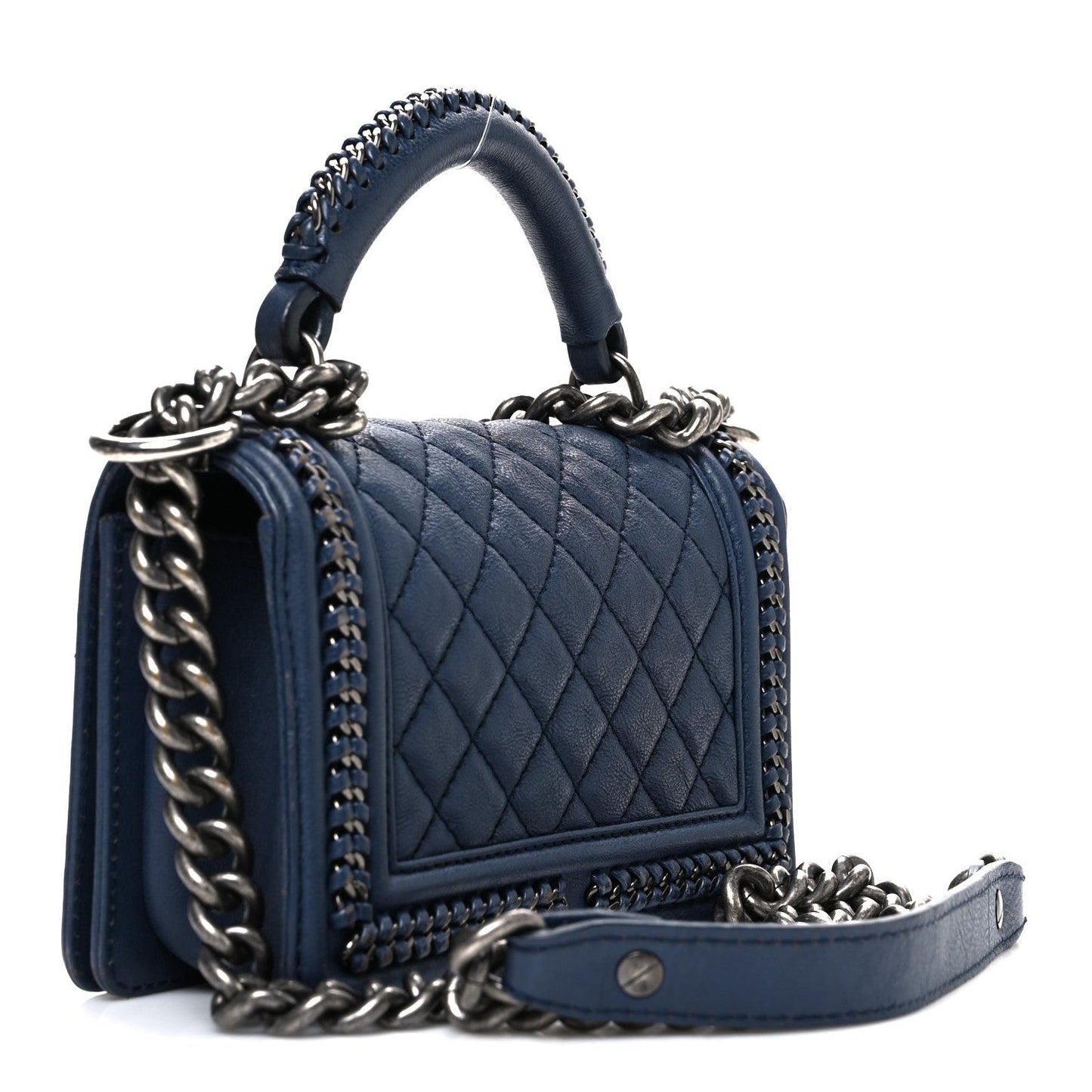 Calfskin Quilted Small Top Handle Boy Flap Navy