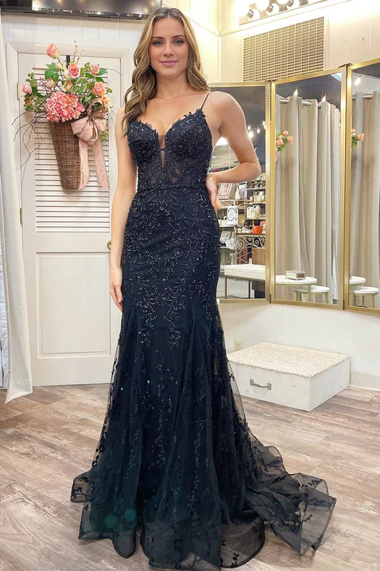 omberprom Black Prom Dresses Appliques Plunge V Lace-Up Trumpet Prom Gown Evening Dress