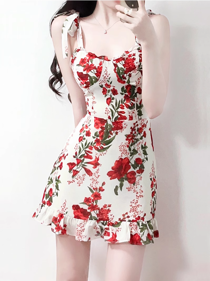 2025 Summer New French High Waist Holiday Red Floral Sling Short Dress R0961