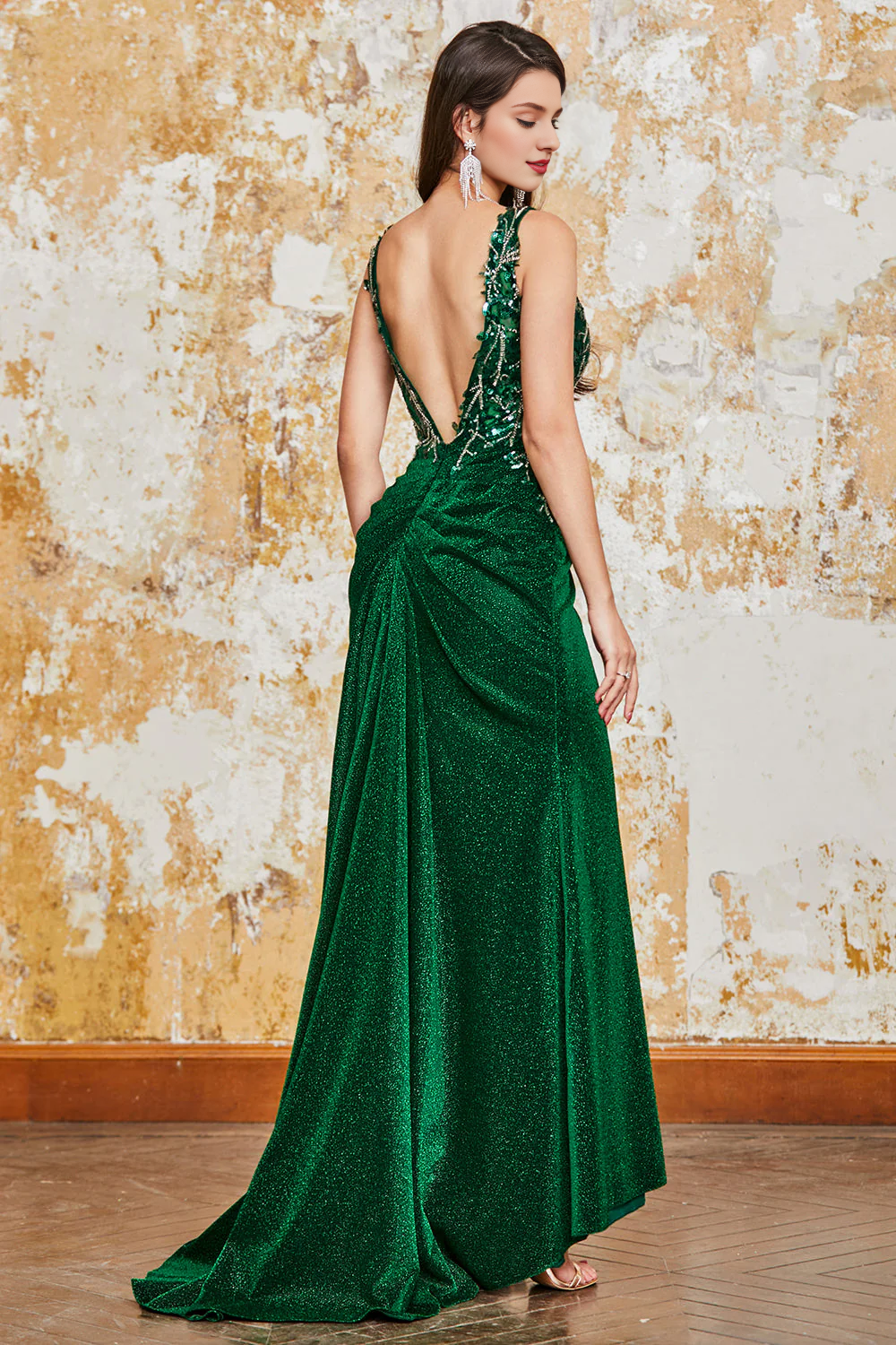 omberprom Mermaid Evening Dress Sparkly Long Appliqued Prom Dress with Slit Dark Green