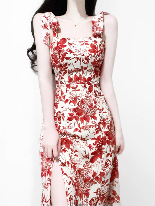 2025 Summer New Romantic Red Floral Waist Tie Holiday Suspender Dress R0922