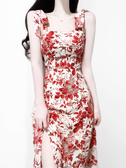 2025 Summer New Romantic Red Floral Waist Tie Holiday Suspender Dress R0922