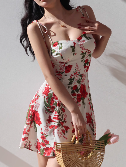 European and American style casual big red flower print suspender dress short skirt R2823