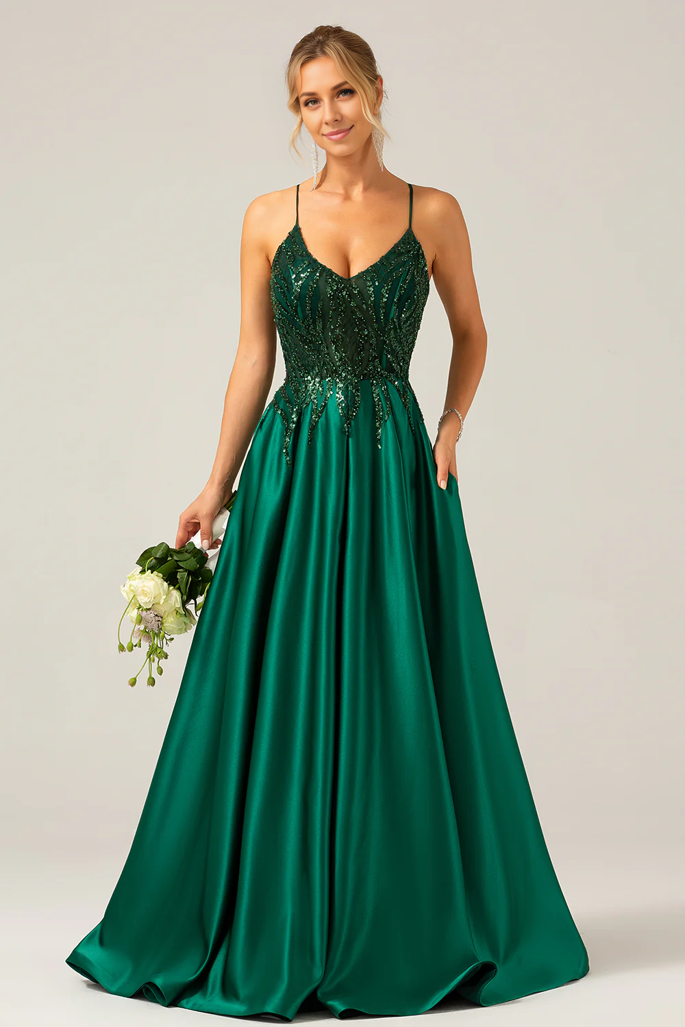 omberprom A-Line Evening Dress Spaghetti Straps Sequin Long Prom Dress Sparkly Dark Green