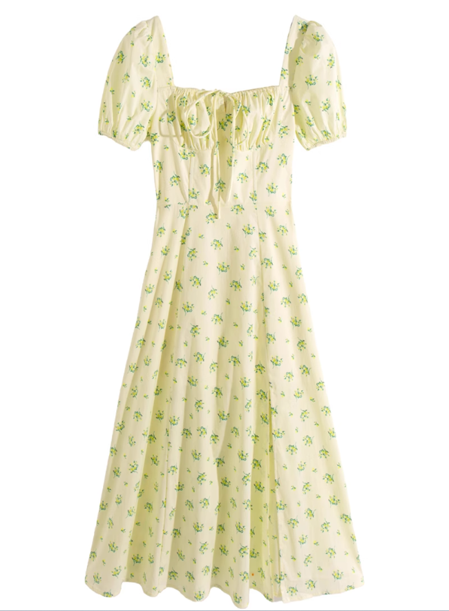 2025 Summer New French Square Neck Puff Sleeve Small Fresh Floral Long Dress R0958