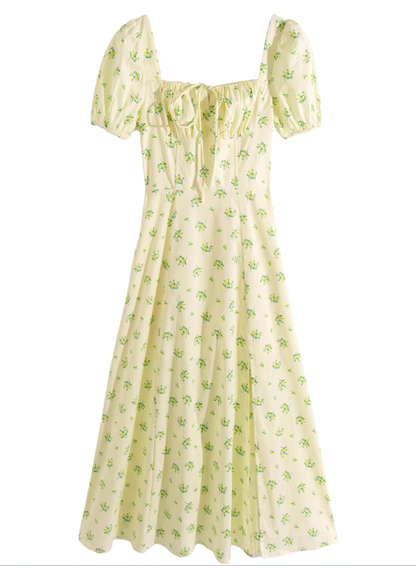 2025 Summer New French Square Neck Puff Sleeve Small Fresh Floral Long Dress R0958