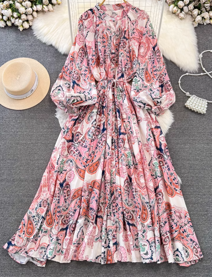 Fashion lantern long sleeve round neck waist a-line print irregular dress elegant long skirt R0404