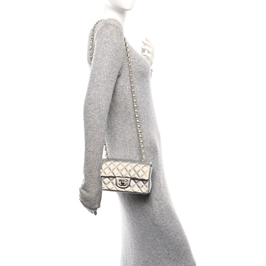 Metallic Lambskin Quilted Mini Rectangular Flap Silver
