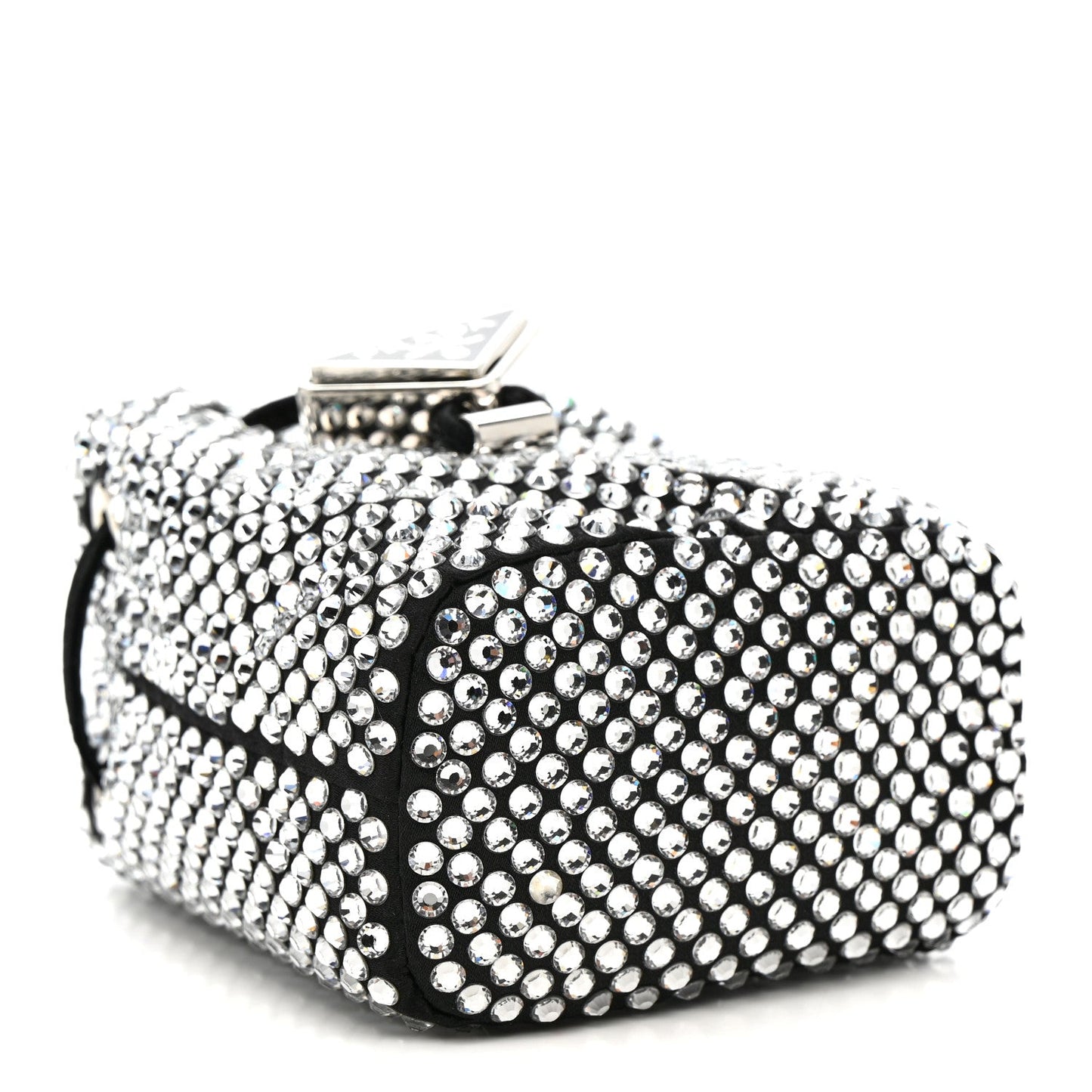 Satin Crystal Metal Triangle Logo Mini Drawcord Pouch Shoulder Bag Crystal