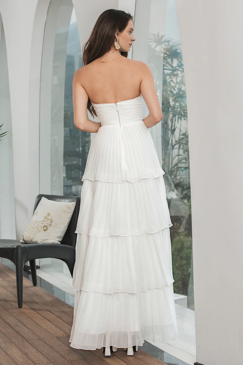 omberprom Elegant A-Line Strapless Evening Dress Sweetheart Tiered Chiffon Long Prom Dress