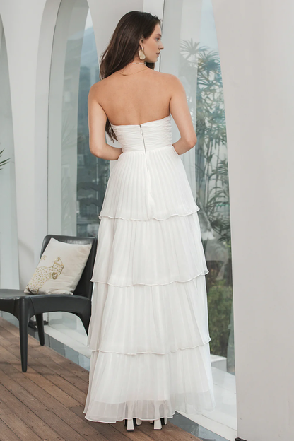 omberprom Elegant A-Line Strapless Evening Dress Sweetheart Tiered Chiffon Long Prom Dress