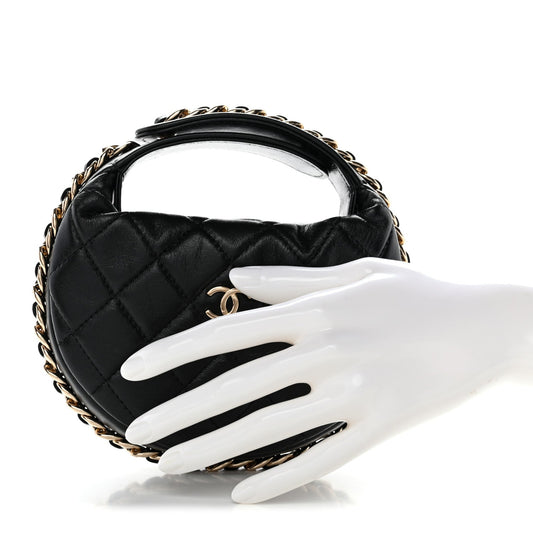 Lambskin Quilted Chain Around Pouch Black